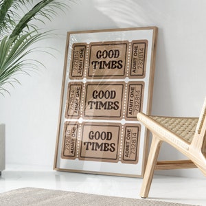 Trendige Ticket Wand Kunstdruck, Retro Good Times Ticket Print, ästhetische Wandkunst, trendige druckbare Kunstdrucke, Retro Bar Cart Decor adrett