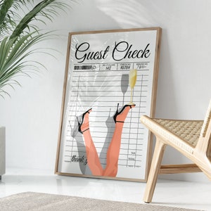 Champagne Guest Check Print, Vintage 70s Retro Wall Art, Guest Check Poster, Trendy Bar Carts Prints, Preppy Aesthetic Decor, Girly Prints