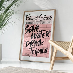 Drink Tequila Guest Check Print, Vintage 70s Retro Wall Art, Guest Check Poster, Trendy Bar Carts Print, Preppy Aesthetic Decor, Girly Print