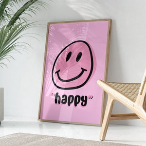 Cartaz de rosto sorridente, decoração estética moderna de quarto, impressão de arte de parede rosa, arte trippy, arte de parede retro imprimível, arte de rosto sorridente, impressão retrô