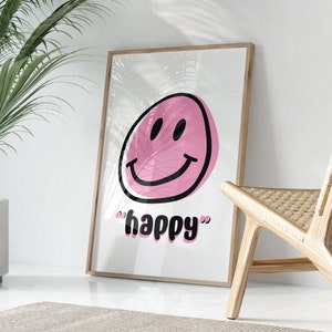 Cartaz de rosto sorridente, decoração estética moderna de quarto, impressão de arte de parede rosa, arte trippy, arte de parede retro imprimível, arte de rosto sorridente, impressão retrô