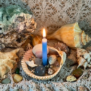 May include: A blue candle burning in a seashell with various crystals and seashells surrounding it on a crocheted surface.