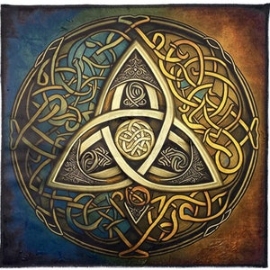 May include: A circular design featuring a gold, blue and green Celtic knot pattern. The knot is a trinity knot, also known as a triquetra, which is a symbol of the Holy Trinity in Christianity.