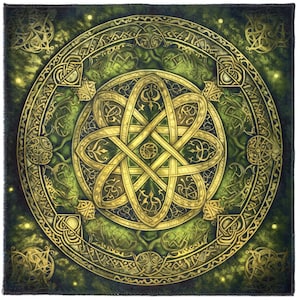 May include: A green and gold circular design with intricate Celtic knotwork. The design is surrounded by a border of smaller Celtic knots and swirls.