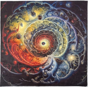 Puede incluir: Un patrón psicodélico en espiral de colores rojo, amarillo y azul. El patrón recuerda a una galaxia o una nebulosa. Los colores son vibrantes y el patrón es intrincado.