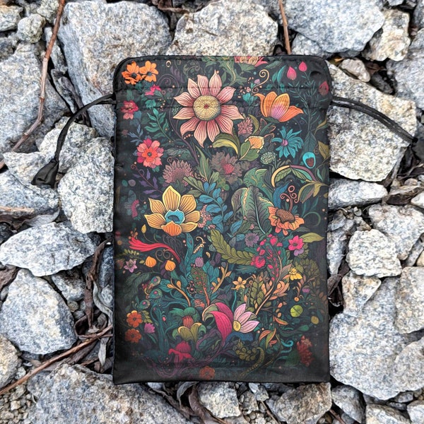 Silk Bag for Tarot or Runes | Satin Tarot pouch | Wrap for Tarot / Oracle / Runes  with Art Print Flowers