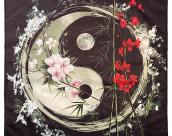 May include: A black background with a white and black yin yang symbol in the center. The symbol is surrounded by a circle of green bamboo stalks and white and pink flowers. A full moon is visible in the white half of the yin yang symbol.