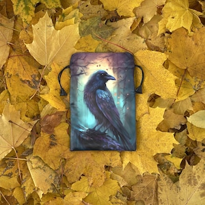 Silk Bag for Tarot or Runes | Satin Tarot pouch | Wrap for Tarot / Oracle / Runes with Art Print Crow image 3