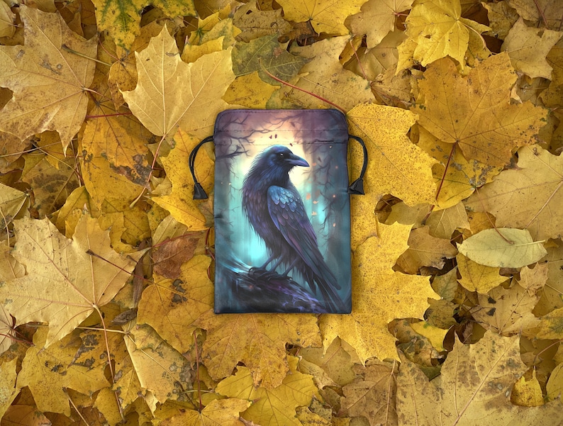 Silk Bag for Tarot or Runes | Satin Tarot pouch | Wrap for Tarot / Oracle / Runes with Art Print Crow image 3