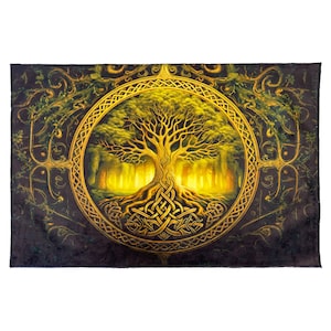 May include: A tapestry depicting a golden tree of life with intricate knotwork roots and a circular frame. The tree is surrounded by a forest with a glowing light emanating from the centre.