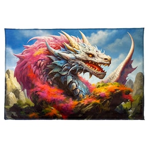 May include: A white dragon with pink and blue scales, with a fierce expression, is shown in a colorful landscape with a blue sky. The dragon is surrounded by vibrant foliage and rocks.
