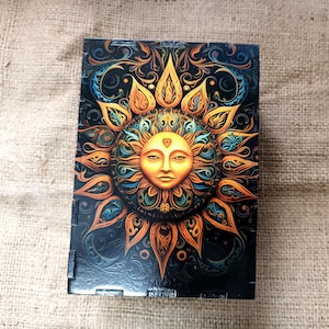 Opbergdoos voor tarotkaarten | Witchy houten kist zon | Sieradendoos met print