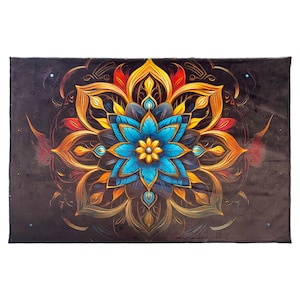 May include: A colorful mandala design with a blue flower in the center surrounded by gold and red petals. The background is black with a subtle starry pattern.