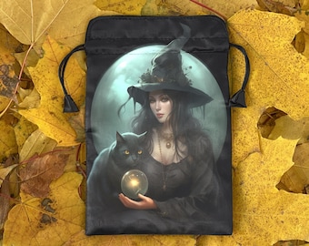Silk Bag for Tarot or Runes | Satin Tarot pouch | Wrap for Tarot / Oracle / Runes  with Art Print Witch