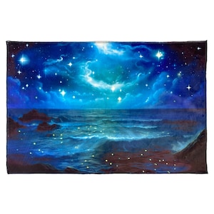 May include: A painting of a starry night sky over a dark blue ocean with waves crashing on the shore. The sky is filled with white stars and a bright moon. The ocean is lit by glowing lights.