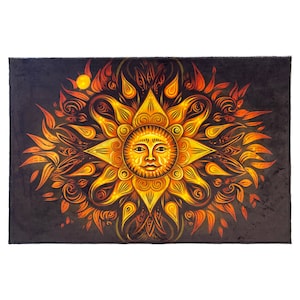 May include: A tapestry featuring a stylized sun with a human face, surrounded by swirling flames and leaves in shades of orange, yellow, and gold against a dark background.