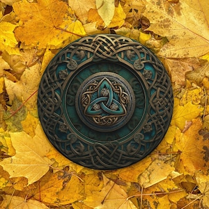 Pode incluir: Um desenho de nó celta em ouro e azul é rodeado por uma moldura circular, intrincada, de cor bronze. O desenho é colocado sobre um fundo de folhas de outono amarelas.