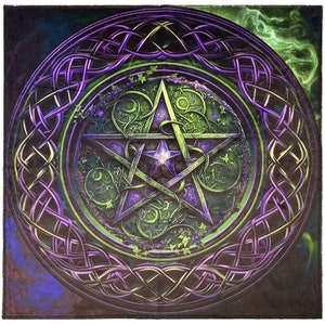 May include: A green and purple pentagram with a star in the centre, surrounded by a Celtic knot design. The background is a dark blue and green.