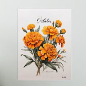 Vibrant October Birth Flower Marigold, digital unframed print, gift for shower, wedding, Mother&#39;s Day, fall, poster