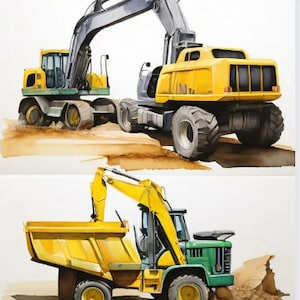 May include: Two yellow construction vehicles on a brown dirt background. The top vehicle is a large excavator with a black arm and a yellow cab. The bottom vehicle is a dump truck with a green cab and a yellow bed.