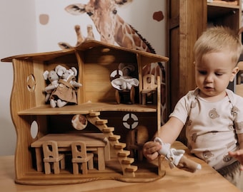 Waldorf Wooden Dollhouse with / without Ash Wood Furniture & Linen Rabbit Family Christmas Waldorf Gift
