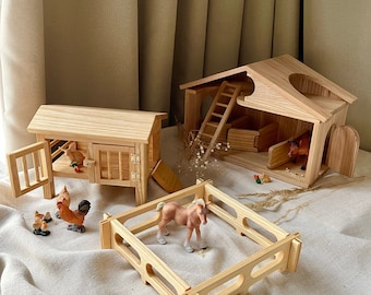 Wooden Farm Toy Set – Montessori Quiet Sensory Play, Waldorf Tiny House Barn