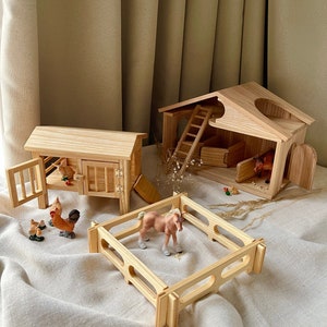 Houten boerderijspeelgoedset – Montessori Quiet Sensory Play, Waldorf Tiny House Barn