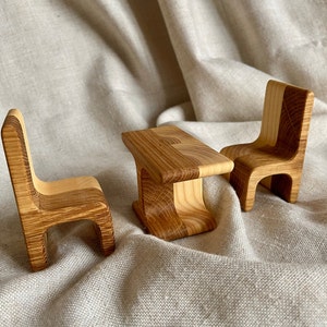 Wooden Dollhouse Table and Chairs Set: Modern Miniature Furniture