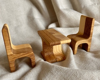 Wooden Furniture Dollhouse Dining table and chairs set 1st Birthay Gift Wooden toy furniture 1/12 scale Furniture for Doll Size 15cm/6inches