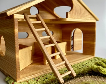 Wooden Farmhouse Barn Toy – Handmade from Ash Wood, Waldorf & Montessori Quiet Pretend Play Set