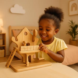 Wooden Treehouse Dollhouse – Montessori Sensory Toy with 4 Figures & Ladder, Assembly Required, Handmade