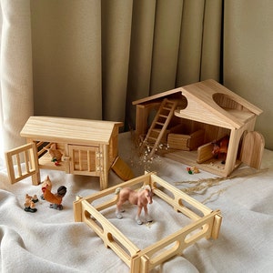 GROSSES Eichen Bauernhof Set | Waldorf Spielzeug | Designer Spielzeug | Holzspielzeug Scheune | Lernscheune | Handgefertigte Holzstall | Geschenk für Kinder | Sensorisches Spielzeug