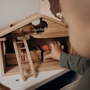 Op de afbeelding: Een kind speelt met een houten speelhuis met een ladder en een klein gat in het dak. Het huis is gemaakt van licht hout en heeft een natuurlijke afwerking. Het kind draagt een groen shirt en reikt met zijn hand in het huis.