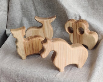 Wooden Toys Farm, Handmade Wooden Waldorf Animals for Toddler, Eco Friendly Toys for Kids, 4 Pieces Set Bull, Lamb, Cow, Horse