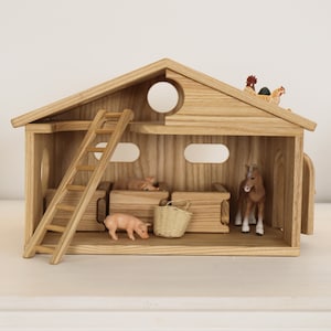 Wooden Farmhouse Toy – Waldorf & Montessori Barn with Ledder, Handmade for Pretend Play