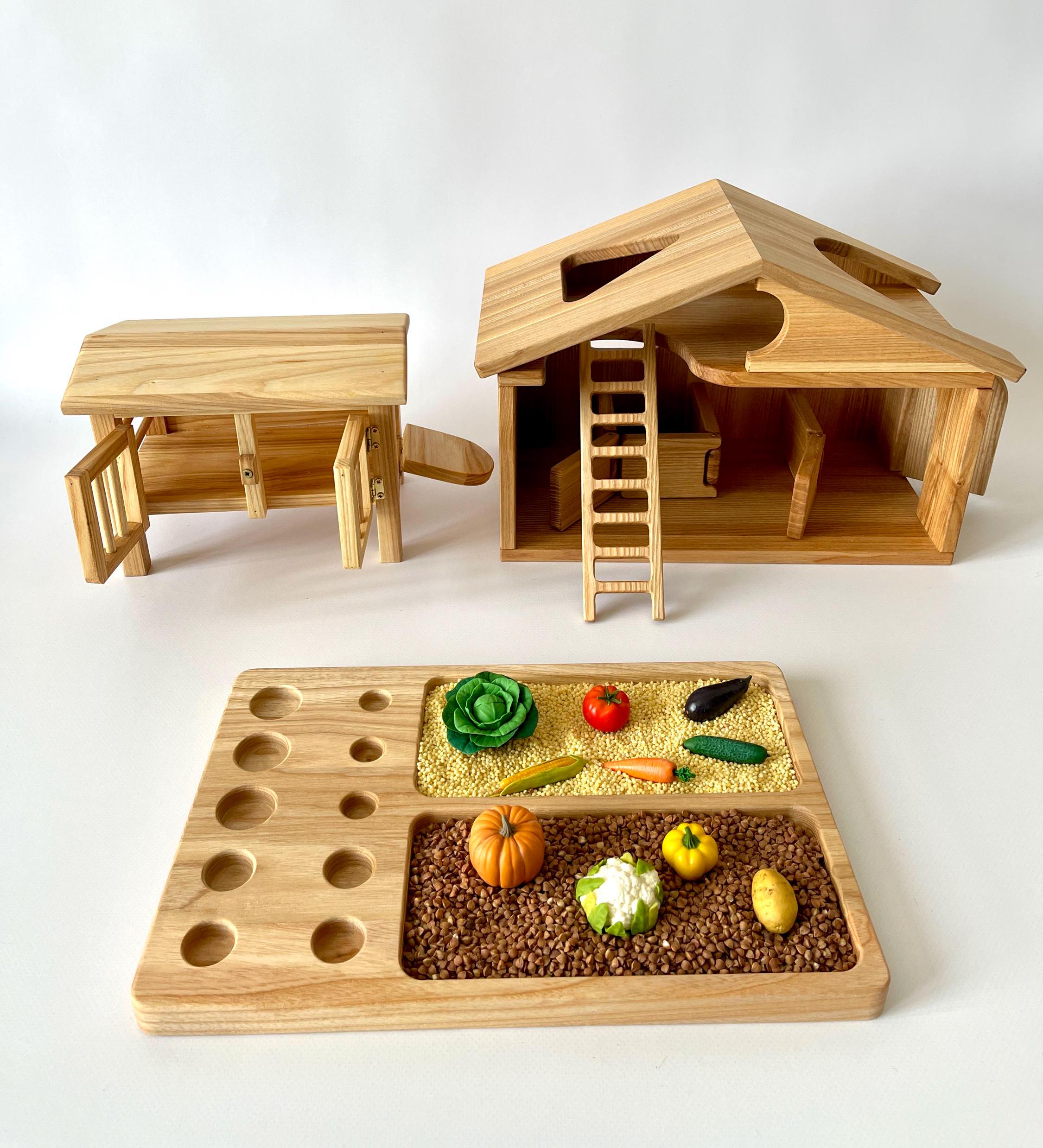 Wooden Farm Playset – Montessori Henhouse & Garden Toy Set, Handmade Quiet Pretend Play Toy