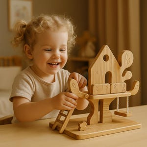 Wooden Treehouse Dollhouse with 4 Figures & Ladder – Montessori Sensory Toy, Assembly Required, Handmade