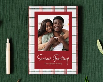 Plaid Christmas Card Template, Editable, White and Red Pattern, Printable Family Holiday Card, Digital Download
