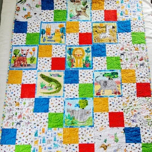 Baby Size Fun Whimsical Animal Themed Finished Quilt Blue Minky Backing