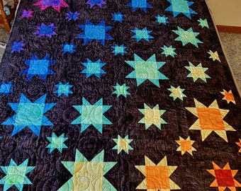 Black Quilt with Muilti colored Stars Large Quilt