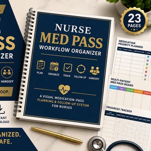 May include: A spiral-bound Nurse Med Pass Workflow Organizer notebook with a dark blue cover, gold text, and medical icons. The cover reads Nurse Med Pass Workflow Organizer, Plan, Organize, Track, Follow-up, Handoff, and Plan It. Track It. Close The Loop.
