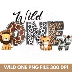 Wild One 1st Birthday Safari Jungle Animals Kids Design Watercolor effect T-shirt transfer design PNG, Digital Download
