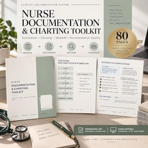 Puede incluir: Un kit de documentación y registro de enfermería que incluye una guía de 80 páginas, diagramas de flujo de trabajo y listas de verificación. El conjunto presenta materiales impresos con detalles en verde salvia, un estetoscopio y un bolígrafo.