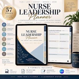 May include: A digital Nurse Leadership Planner displayed on two tablets, featuring a navy blue and cream cover with leaf graphics. The interface includes a Leadership Dashboard with sections for focus, priorities, and follow-ups, plus navigation tabs.