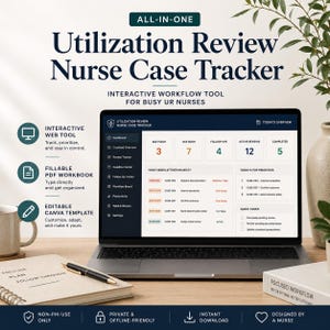 Peut inclure: Un ordinateur portable affichant un tableau de bord de suivi de cas pour infirmiers avec des indicateurs de tâches, suivis et revues actives. L'écran présente un tableau de flux de travail et des priorités. Texte inclus : All-In-One, Interactive Web Tool, Fillable PDF Workbook, Editable Canva Template.