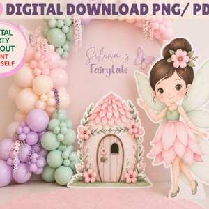 Może przedstawiać: Cyfrowy projekt wycinanki na przyjęcie z wróżką, domkiem wróżki i łukiem balonowym w pastelowych kolorach. Projekt zawiera tekst "Silina's Fairytale" i "Digital Download PNG/PDF". Wróżka ma na sobie różową sukienkę i zielone skrzydła.