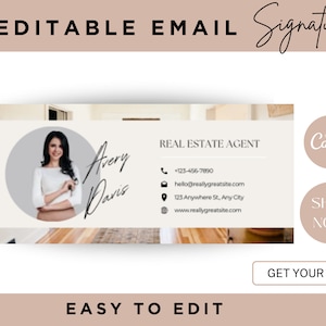 May include: Editable email signature template with a photo of a real estate agent, Avery Davis, and contact information. The template is designed with a wood background and a light brown color scheme. The text "MADE IN Canva" and "SHOP NOW" are also included.