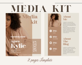 May include: A two-page media kit template with a fashion blogger theme. The design features a woman in a pink blazer and gold chain. Text includes "Media Kit," "Fashion Blogger," and social media statistics. The template is in shades of brown and beige.