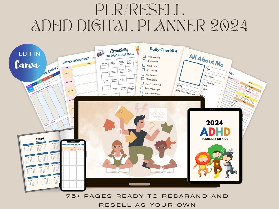PLR ADHD Digital Planner Hyperlinked 2024 Digital Planner Template