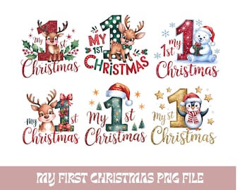 May include: Six digital designs for a baby's first Christmas, each featuring the text "My 1st Christmas". The designs include festive illustrations of a reindeer, polar bear, and penguin, all wearing Santa hats and festive decorations.